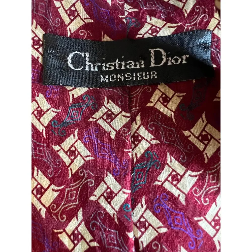 Vintage Christian Dior Wide Silk Tie Classic Maroon Print